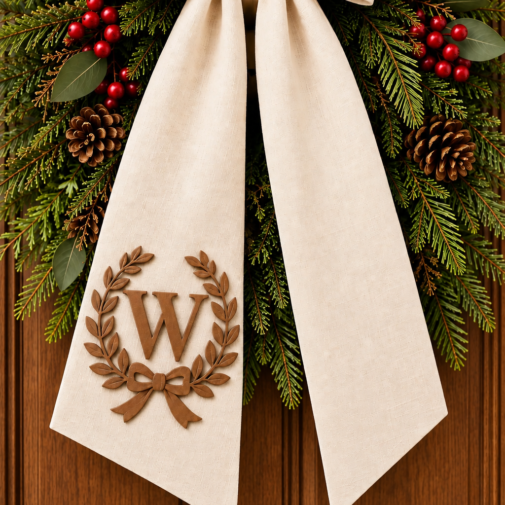 Personalized ivory wreath sash with leather monogram on an evergreen wreath against a charcoal door
