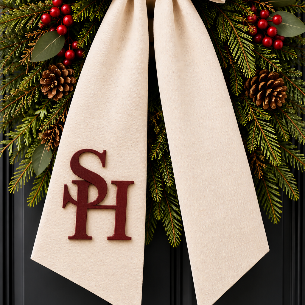 Evergreen Christmas wreath with ivory sash and personalized leather monogram
