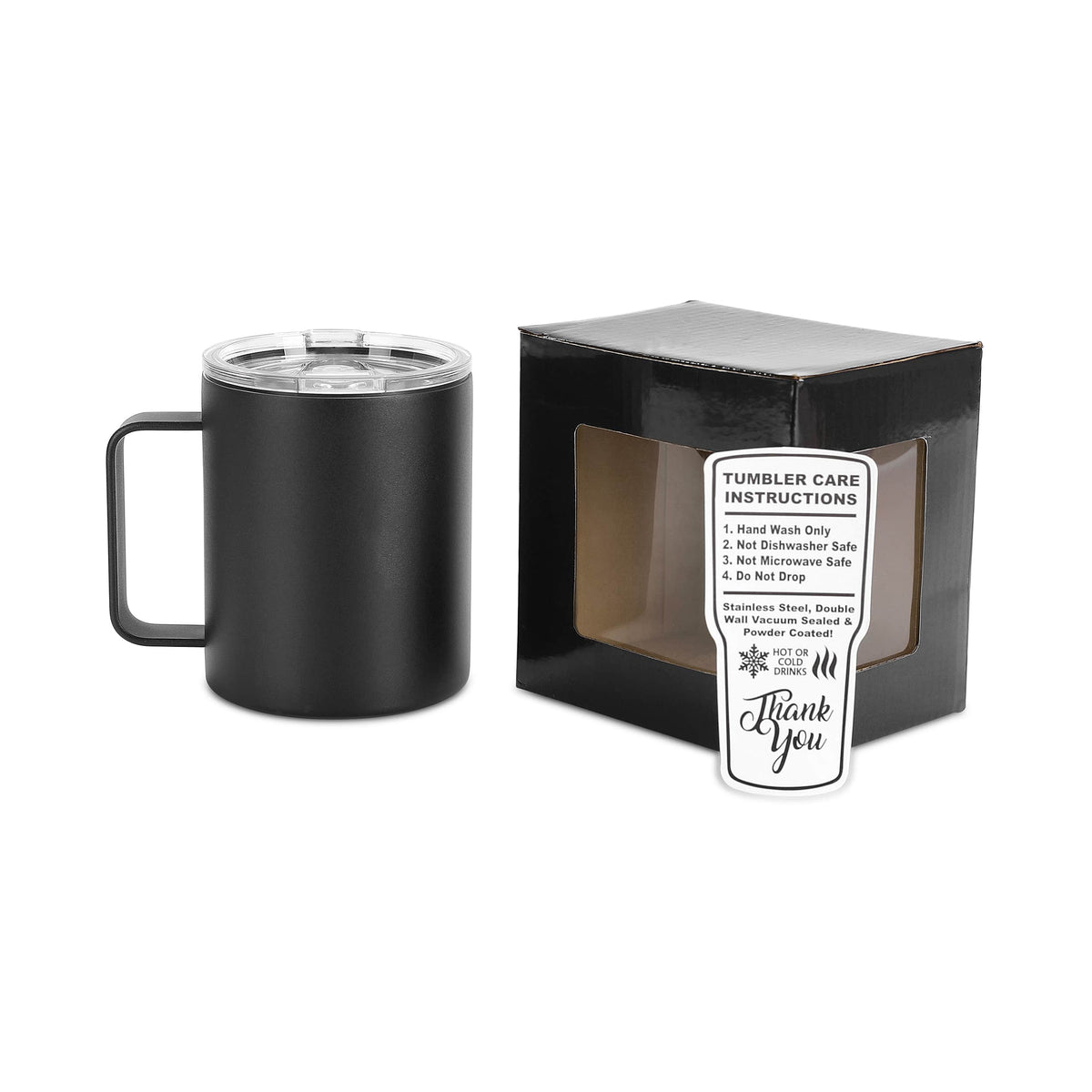 Black 12oz handled coffee mug — shown before engraving
