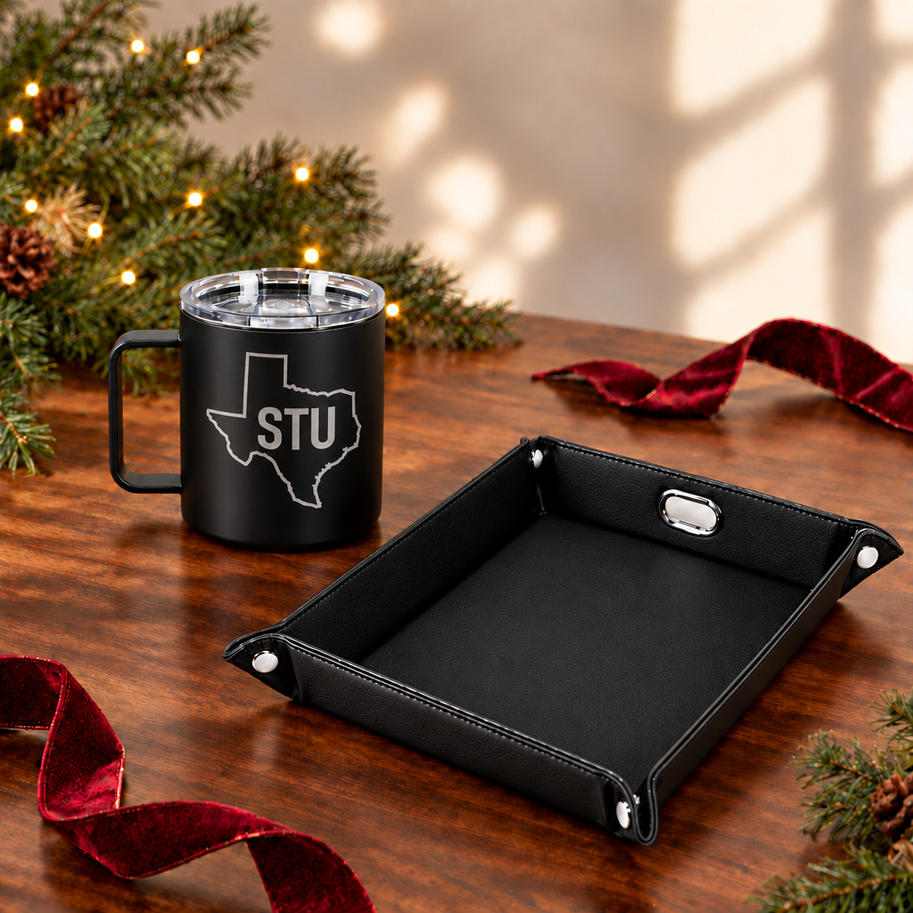 The Everyday Gift — heritage Christmas mockup with sample engraving; refined calligraphy and evergreen engraving