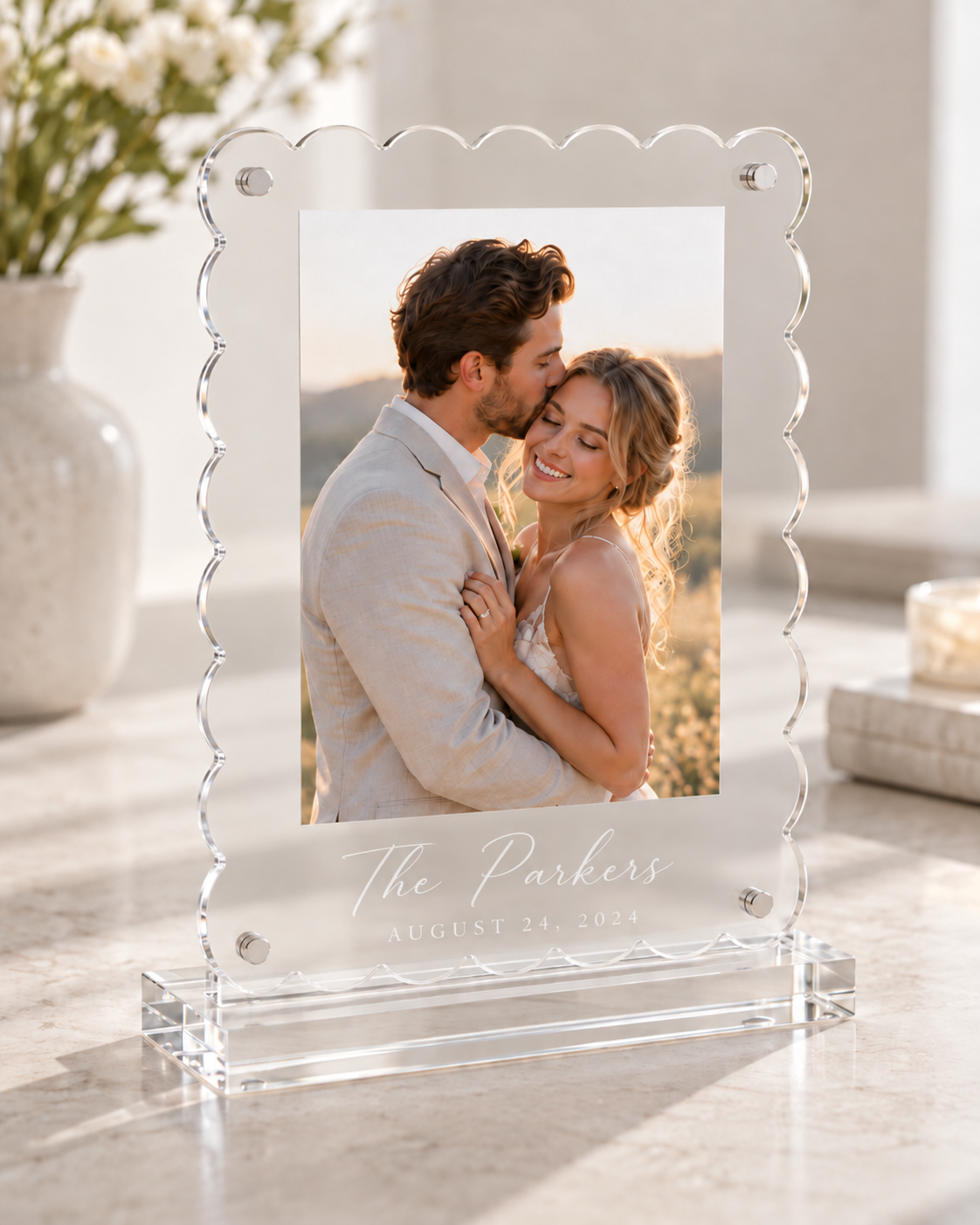 Scalloped acrylic wedding photo frame engraved The Parkers with optional date