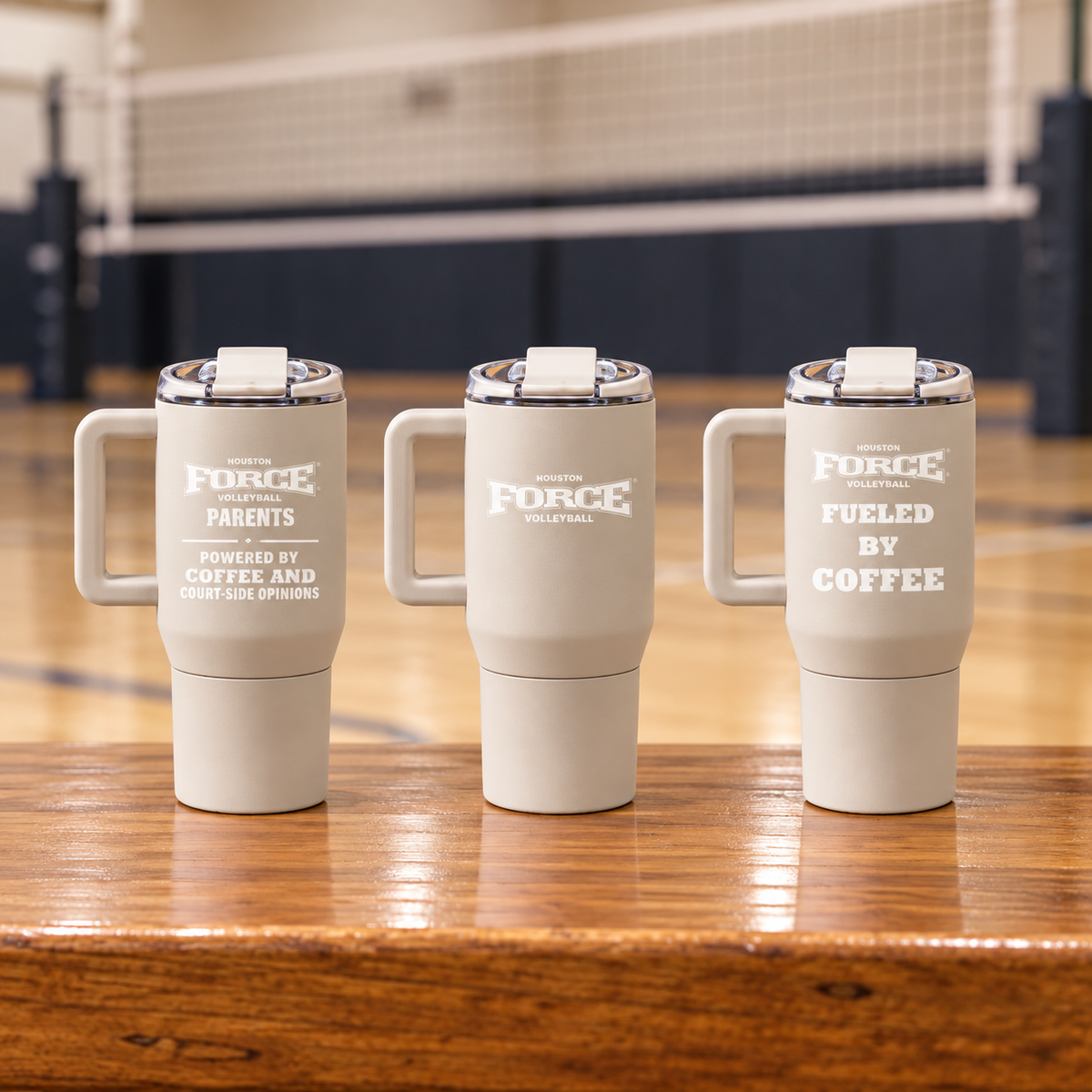 Linen 20oz Houston Force HydroJug Coffee Traveler, three original engraved design options shown in volleyball gym