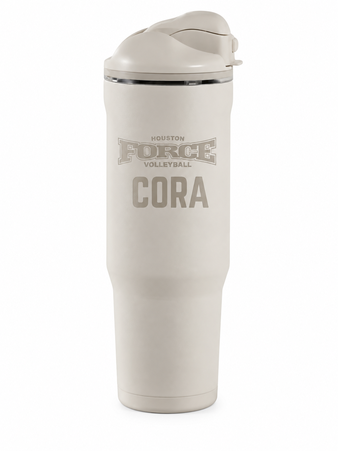 Detailed Houston Force Volleyball engraved logo with CORA player name on 40oz Linen HydroJug Ease2o