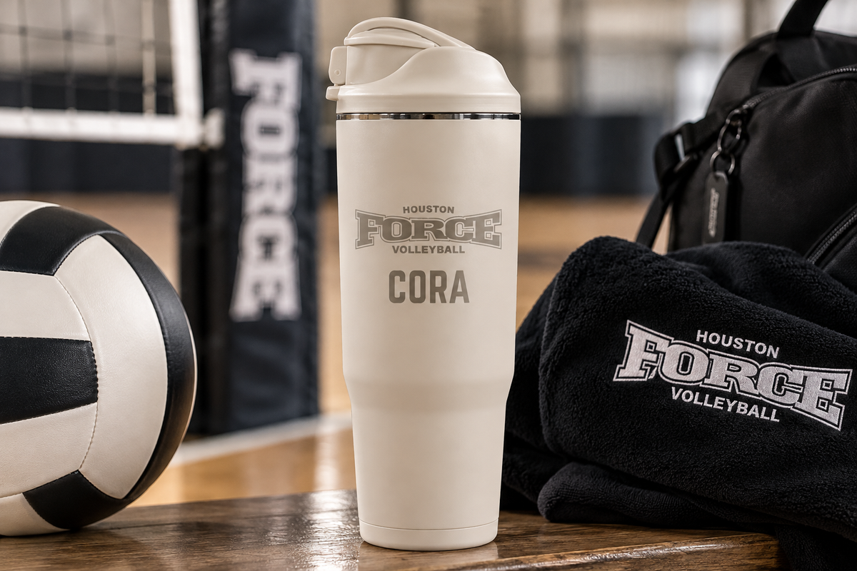 Houston Force Volleyball personalized 40oz Linen HydroJug Ease2o with CORA player name engraved below logo in gym setting