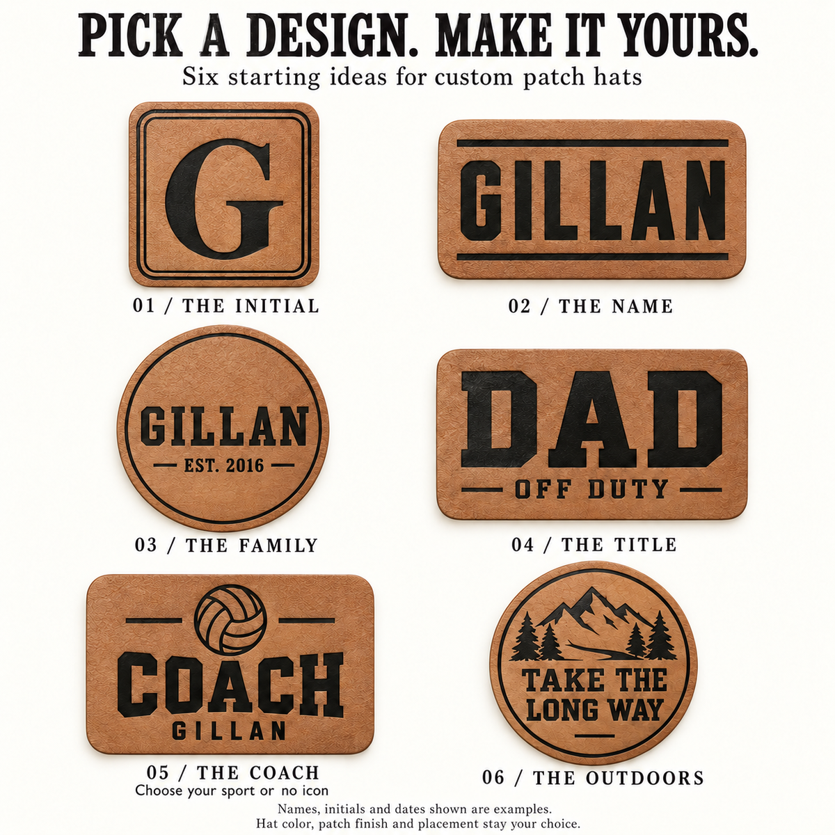 Six ready-to-order hat patch designs: The Initial, The Name, The Family without trees, The Title, The Coach with sport choice, and The Outdoors