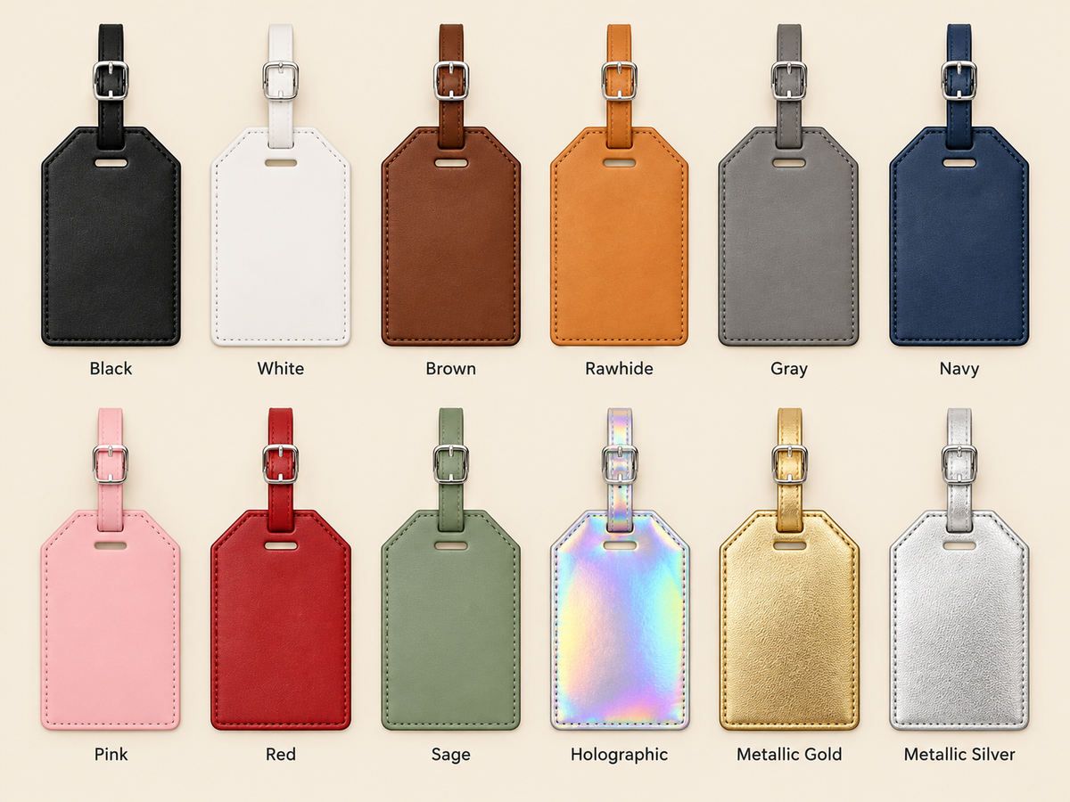 Team Gift leatherette luggage tag color options: Black, White, Brown, Rawhide, Gray, Navy, Pink, Red, Sage, Holographic, Metallic Gold and Metallic Silver