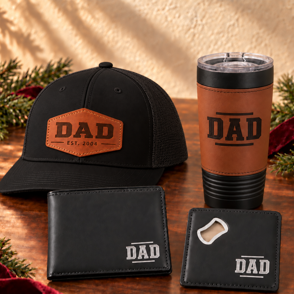 Black Dad gift set with black DAD hex leather patch hat, leather-wrapped coffee mug, black wallet and coaster