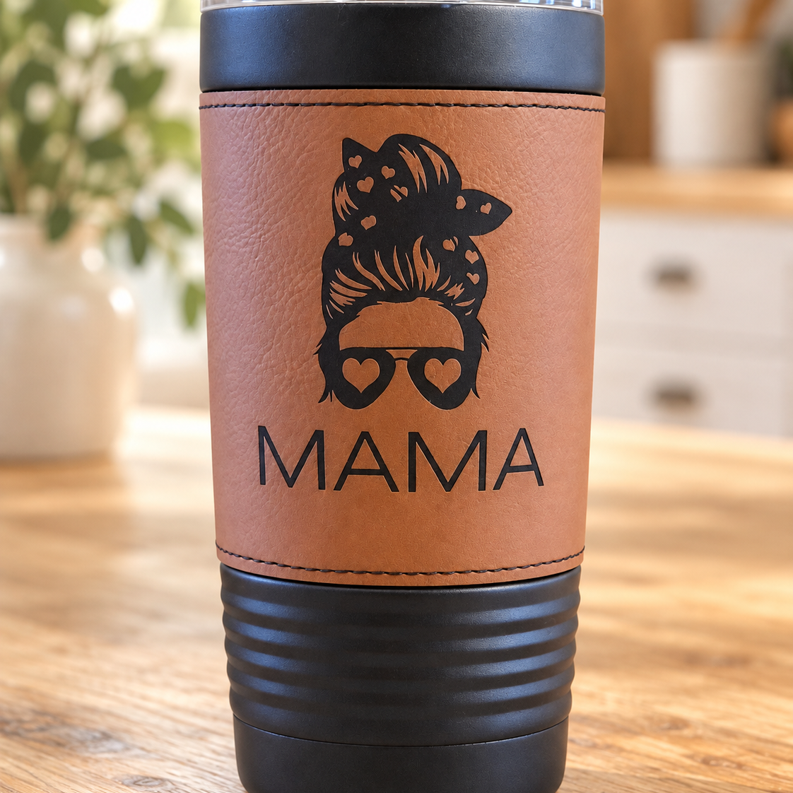 Personalized MAMA leather wrapped coffee mug on a warm kitchen table