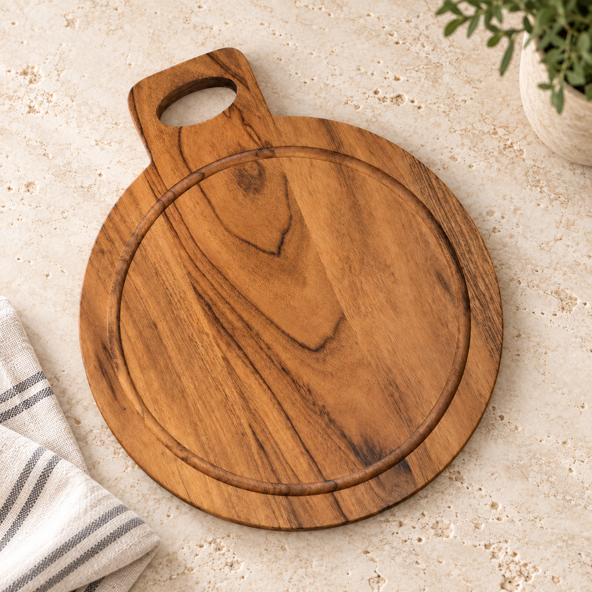 Round wooden cheese board lying flat on a cream kitchen counter