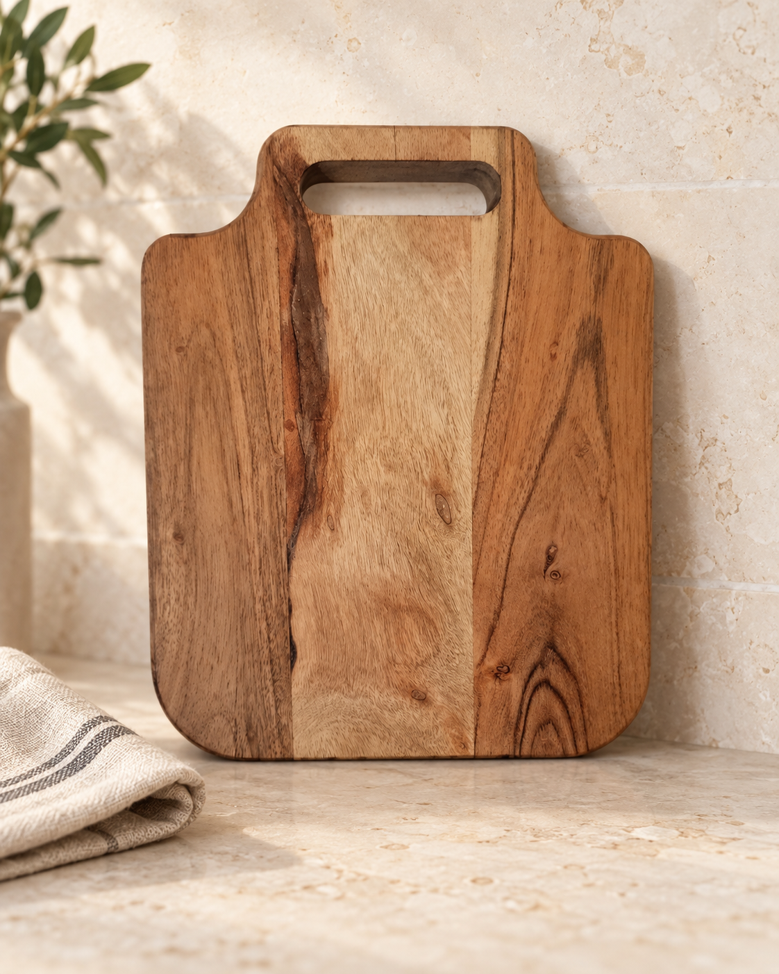 Personalized Square Acacia Cheese Board in a warm naturally lit setting