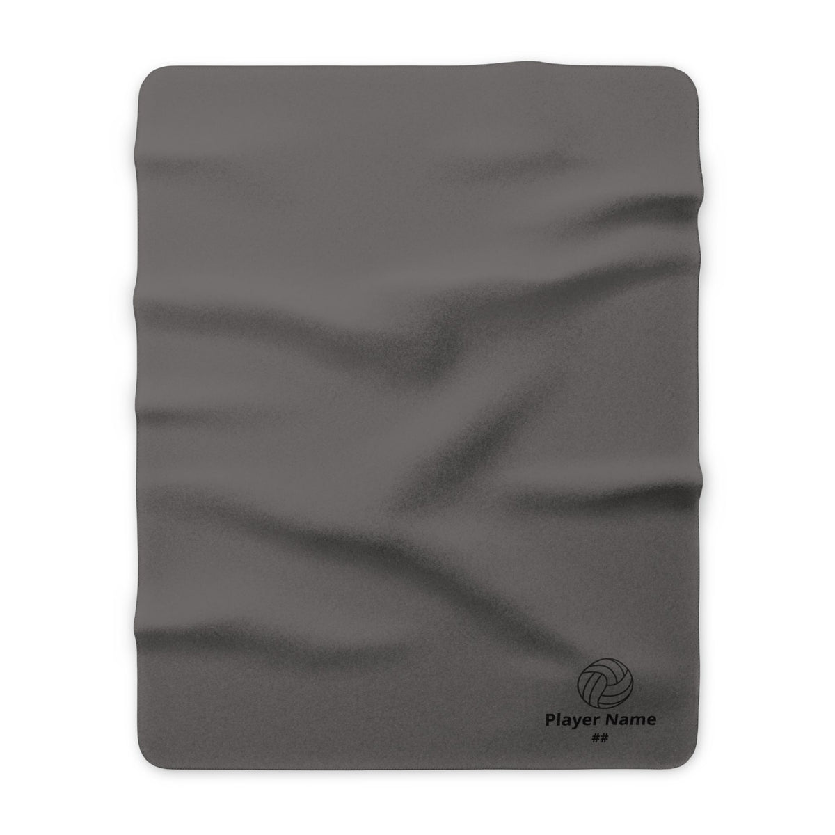 Charcoal gray volleyball sherpa blanket with player name and jersey number design in the lower corner