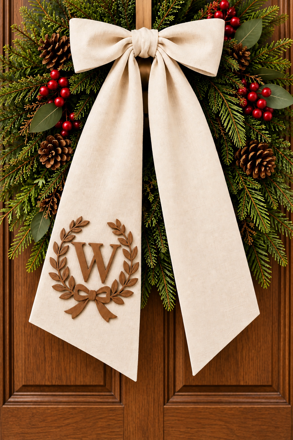Personalized ivory wreath sash with leather monogram on an evergreen wreath against a charcoal door