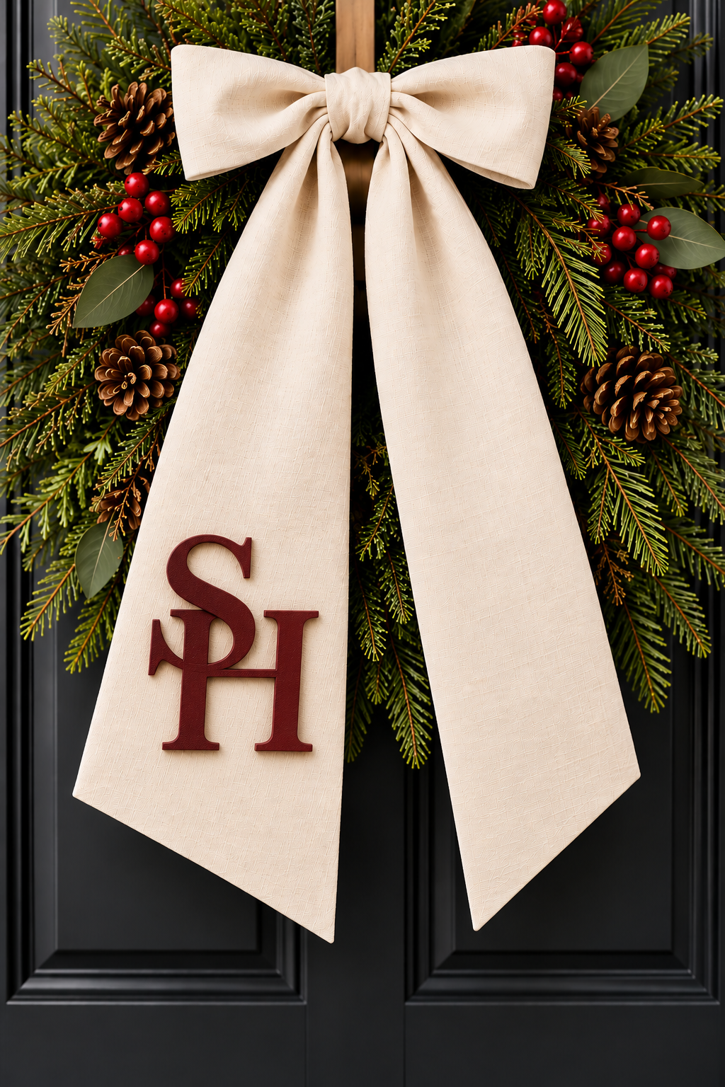 Evergreen Christmas wreath with ivory sash and personalized leather monogram