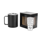 Black 12oz handled coffee mug — shown before engraving