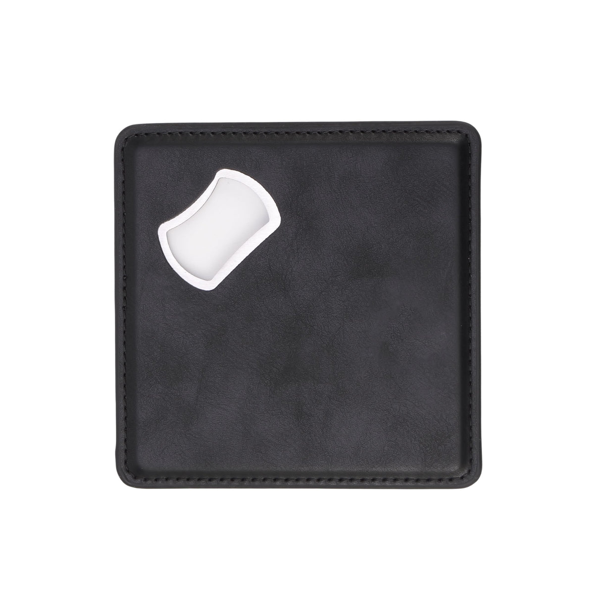 Leatherette bottle-opener coaster — black product sample before personalization