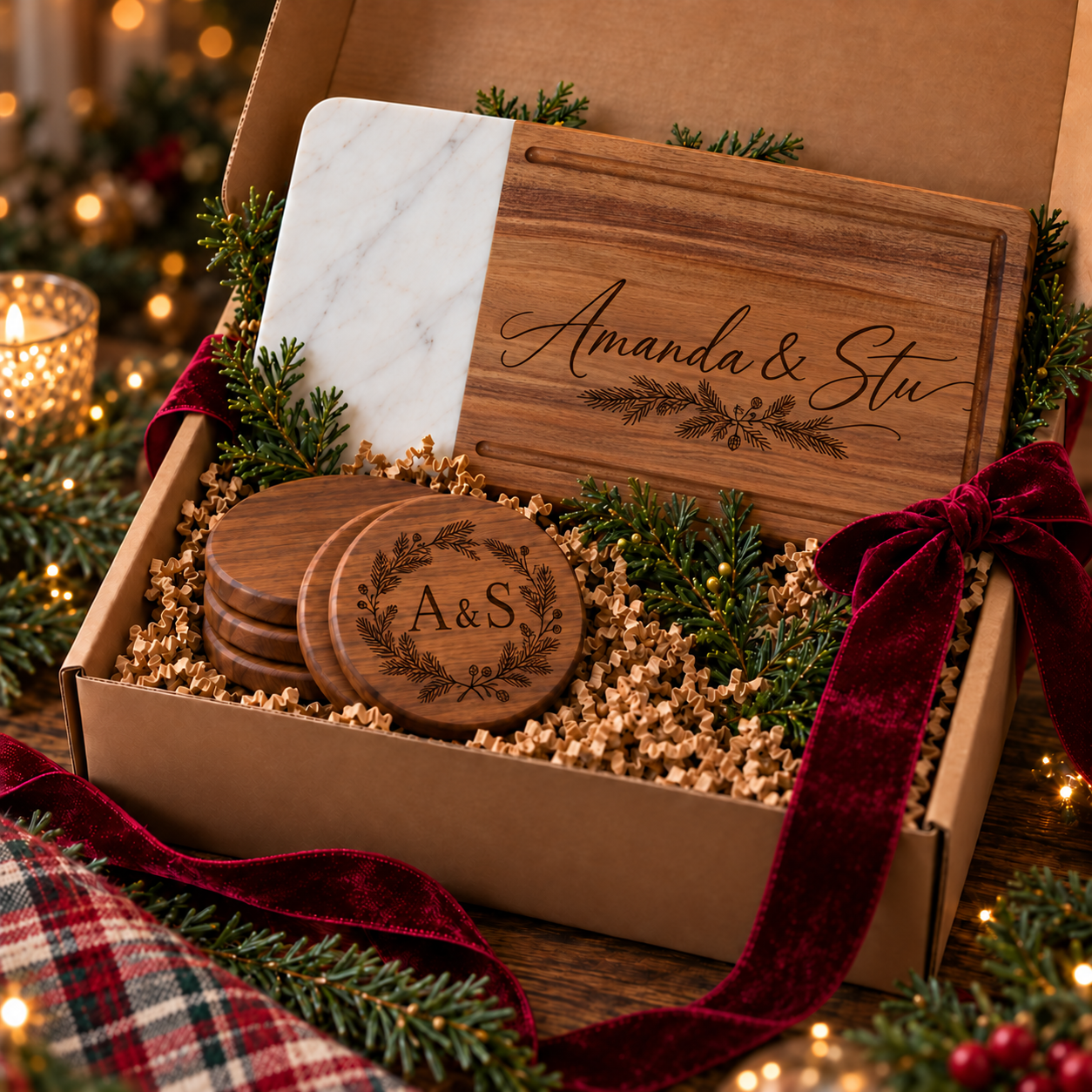 Hostess Gift Box with marble and acacia juice-groove board, Amanda and Stu engraving on wood, and round A&S wood coasters