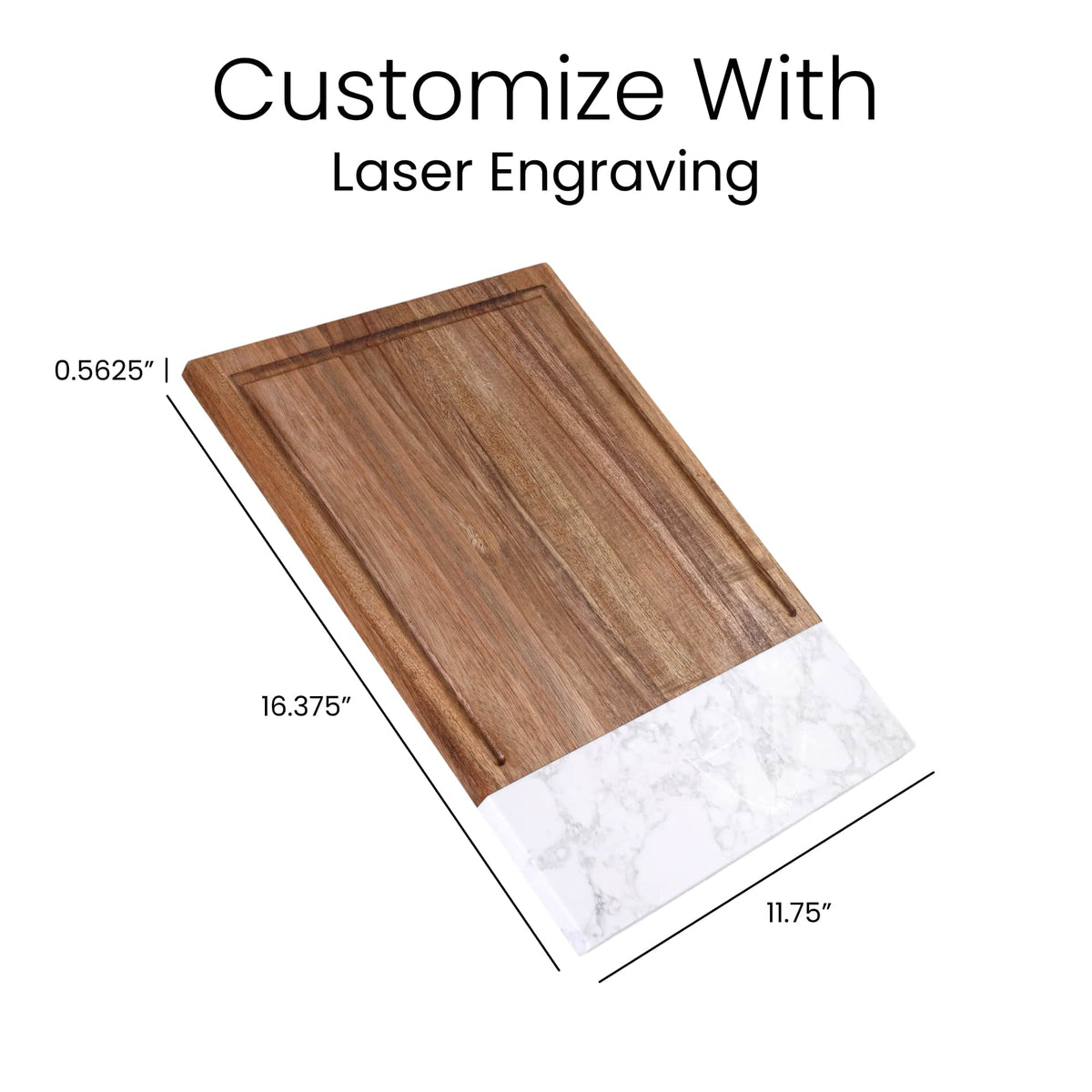 Marble and acacia serving board before engraving, showing dimensions and wood-only customization area