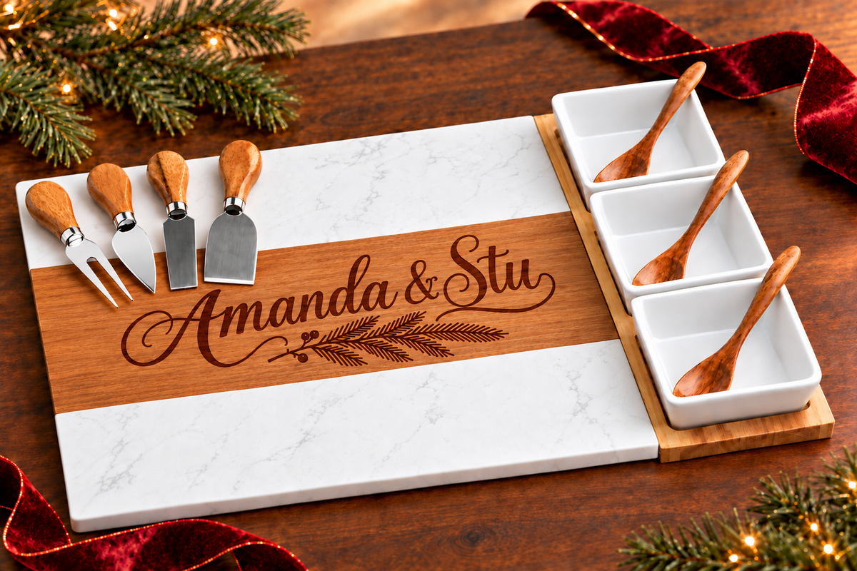 The Gathering Gift — heritage Christmas mockup with sample engraving; refined calligraphy and evergreen engraving