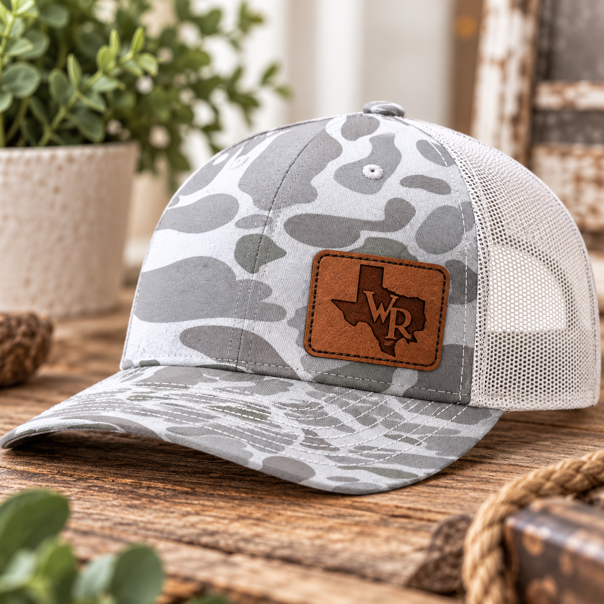 Custom 112PFP five panel printed leather patch trucker hat