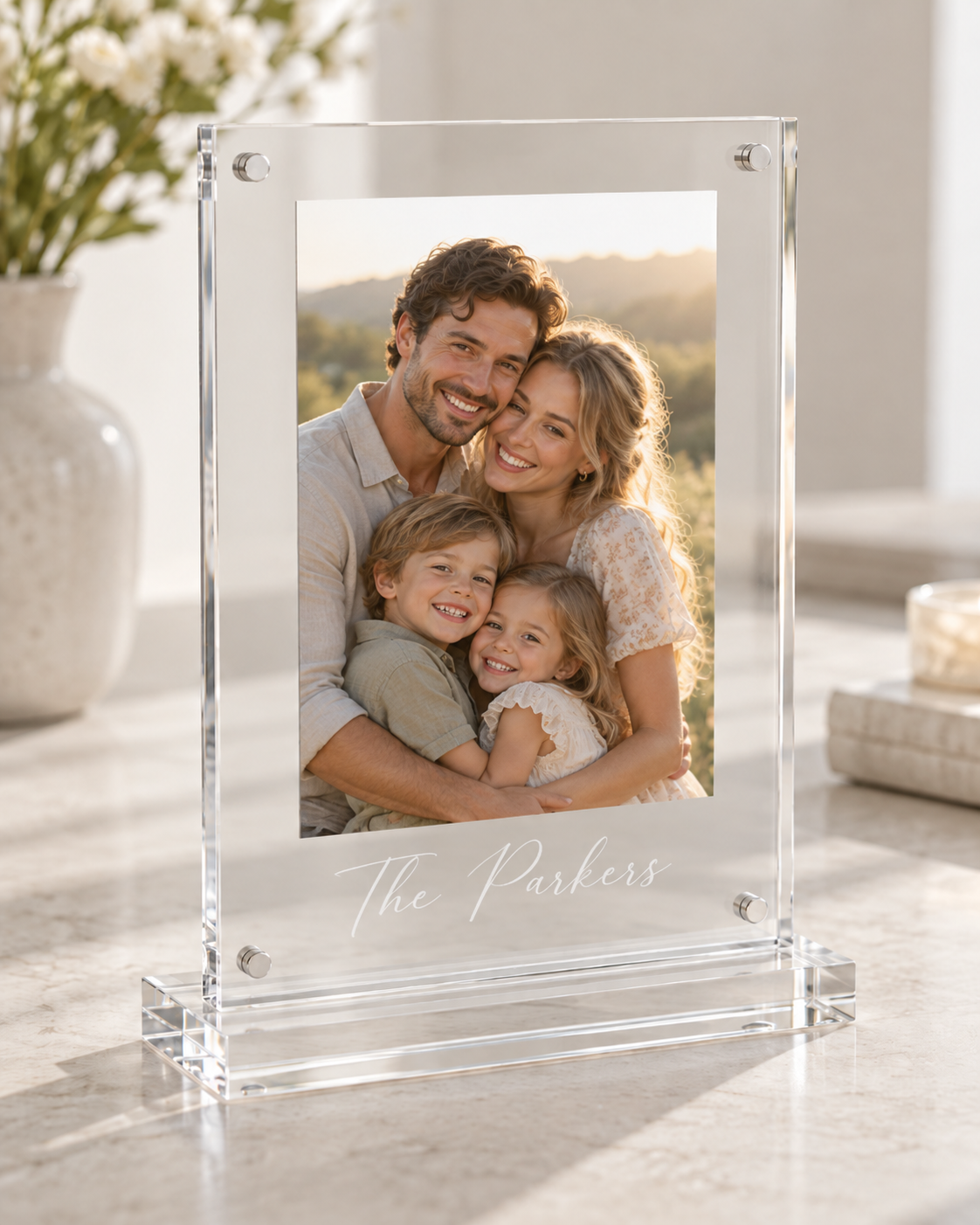 Classic straight edge personalized acrylic photo frame with the Parkers family picture
