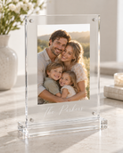 Classic straight edge personalized acrylic photo frame with the Parkers family picture