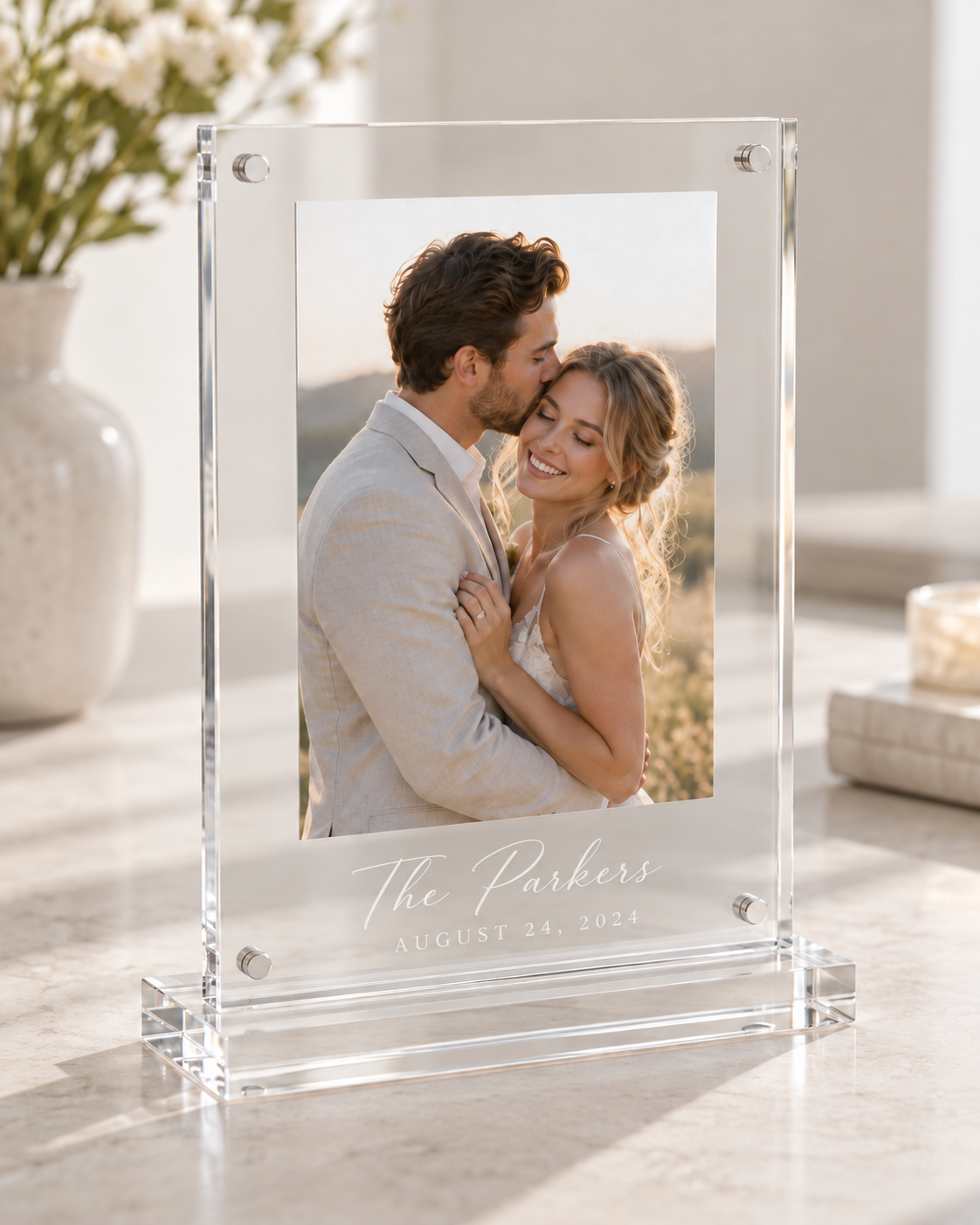 Classic acrylic wedding photo frame engraved The Parkers with optional date