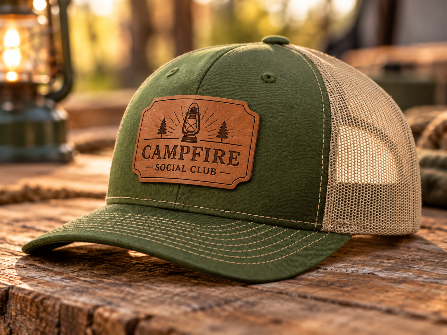 Custom 112FP five panel leather patch trucker hat
