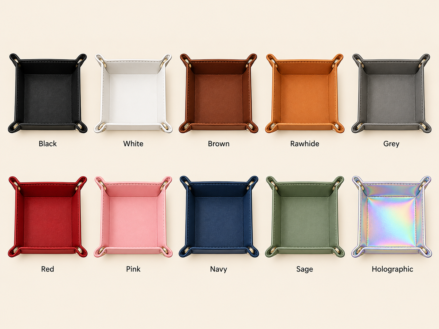 Everyday Gift valet tray color options: Black, White, Brown, Rawhide, Grey, Red, Pink, Navy, Sage and Holographic