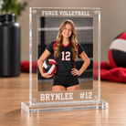 Personalized Force Volleyball acrylic photo frame with Brynlee name and number 12 in a flat clear slotted acrylic base
