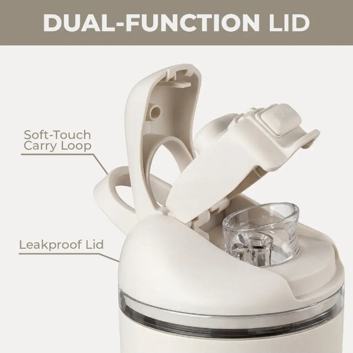 Linen HydroJug Ease2o detail showing soft-touch carry loop and leakproof lid