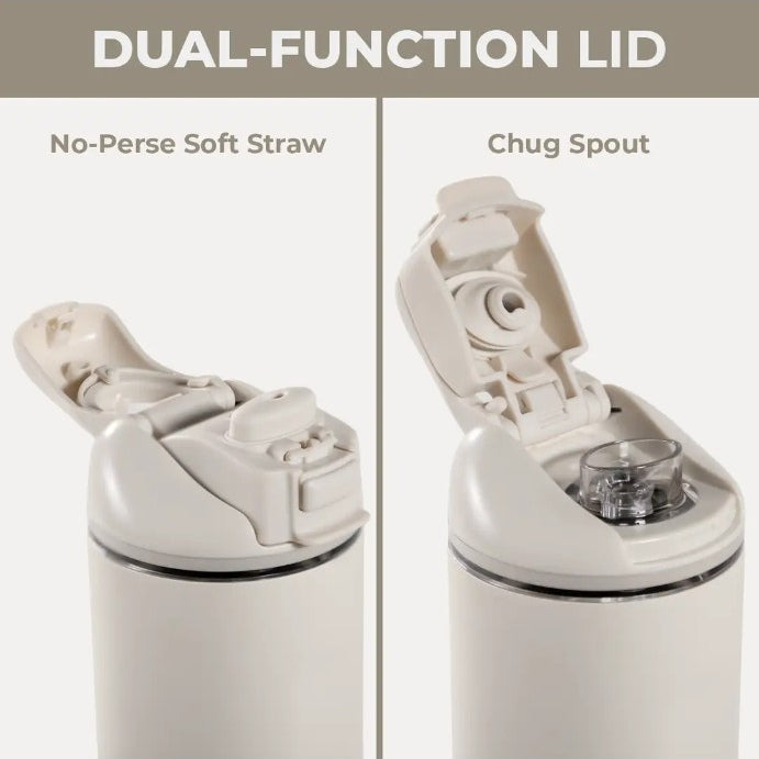 Linen HydroJug Ease2o lid comparison showing no-perse soft straw and chug spout