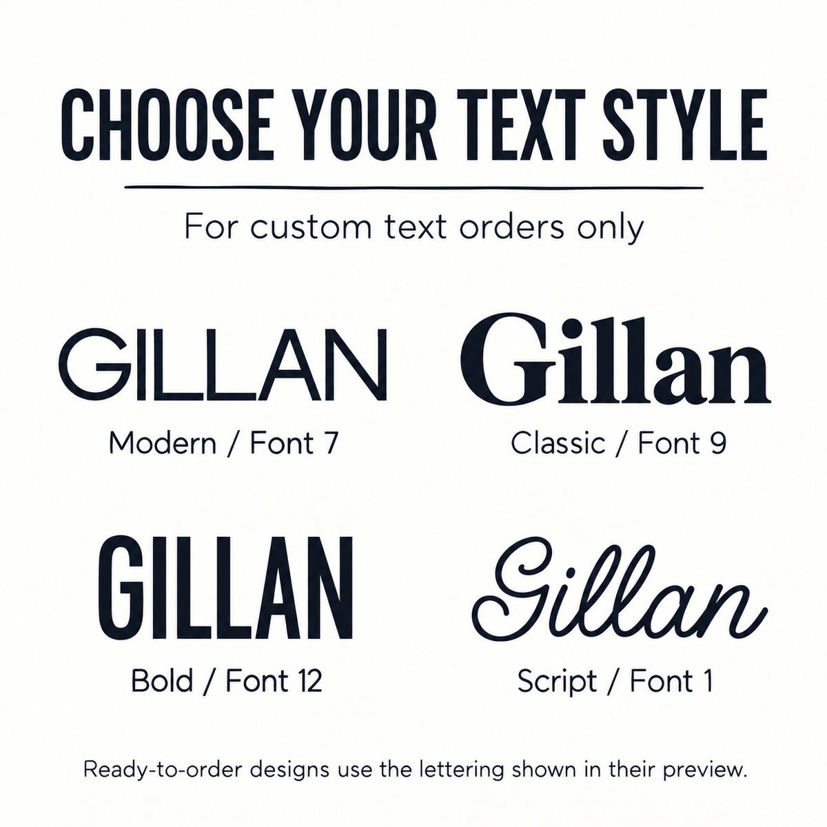 Custom text font choices: Modern Font 7, Classic Font 9, Bold Font 12, Script Font 1