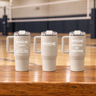 Linen 20oz Houston Force HydroJug Coffee Traveler, three original engraved design options shown in volleyball gym