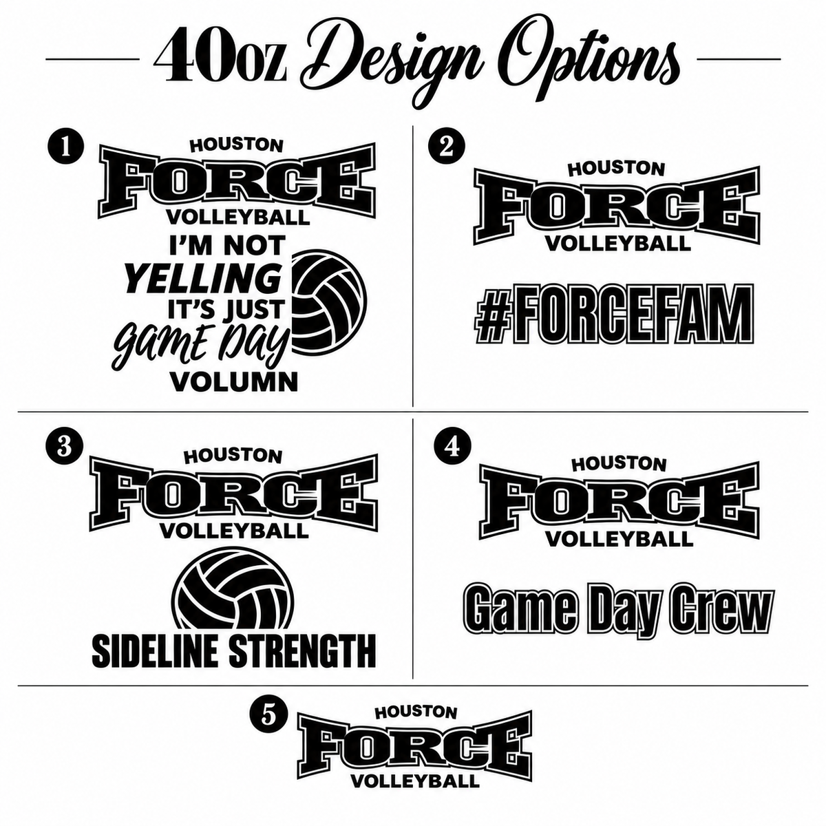 40oz Houston Force engraving design options 1 through 5, white background