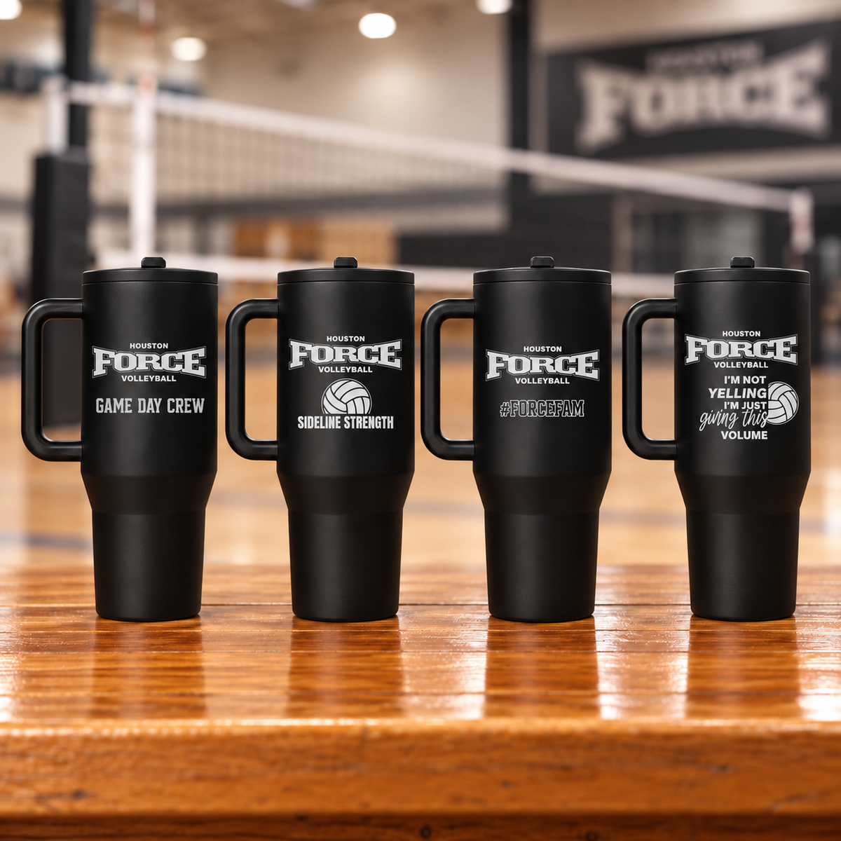 Black 40oz Houston Force HydroJug Traveler, four original engraved design options shown in volleyball gym