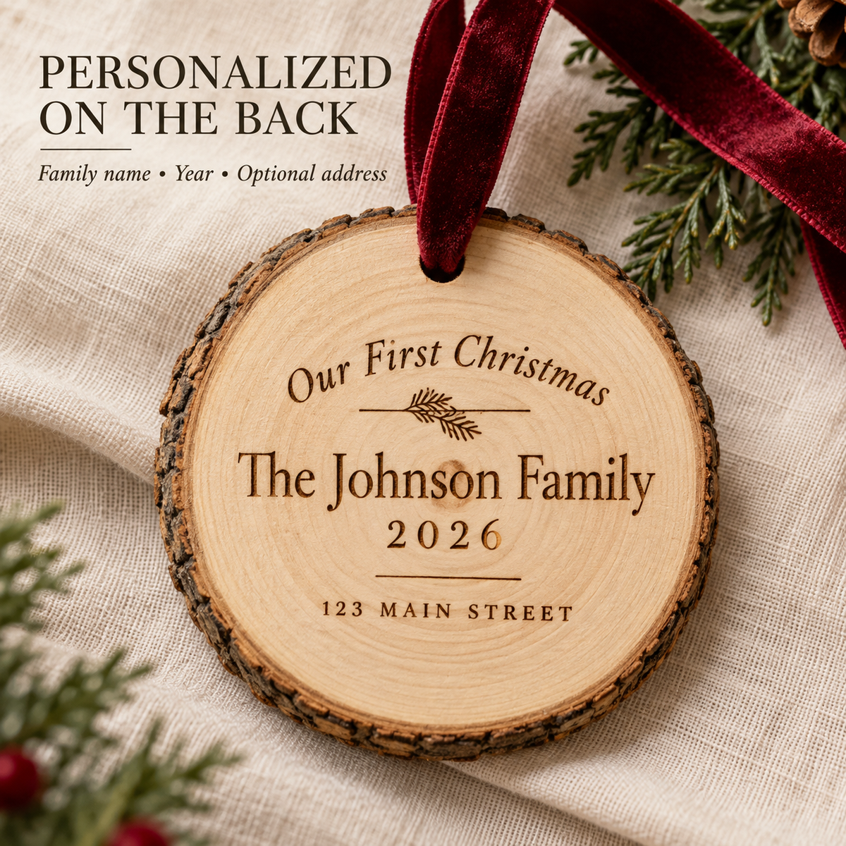 Example of back engraving on personalized New Home Christmas ornament: family name, 2026, and optional street address