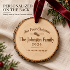 Example of back engraving on personalized New Home Christmas ornament: family name, 2026, and optional street address