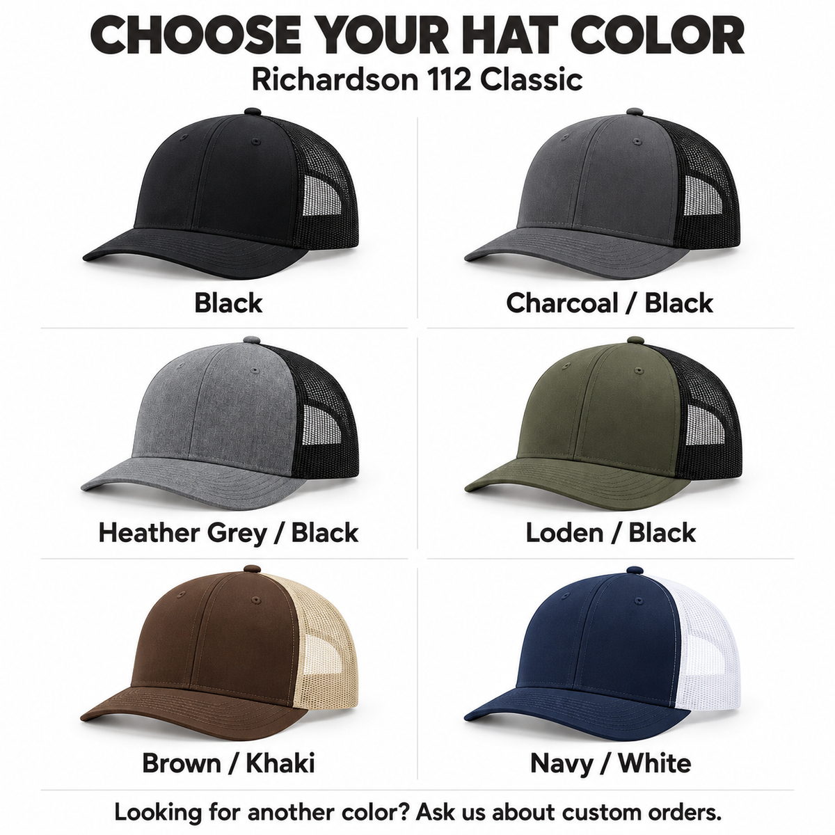 Six featured Richardson 112 Classic hat colors: Black, Charcoal/Black, Heather Grey/Black, Loden/Black, Brown/Khaki and Navy/White