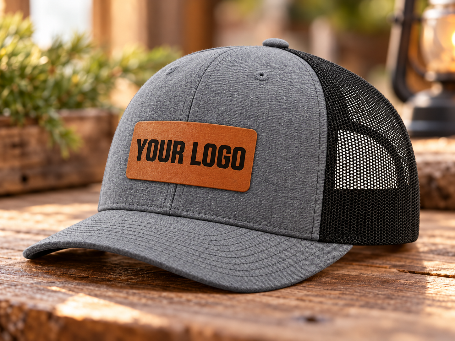 Richardson 112 Heather Grey/Black hat with centered Rawhide rectangle leatherette patch and sample YOUR LOGO engraving