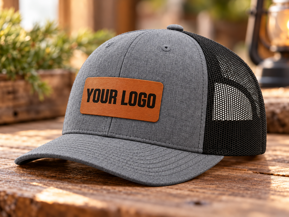 Richardson 112 Heather Grey/Black hat with centered Rawhide rectangle leatherette patch and sample YOUR LOGO engraving