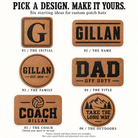 Six ready-to-order hat patch designs: The Initial, The Name, The Family without trees, The Title, The Coach with sport choice, and The Outdoors