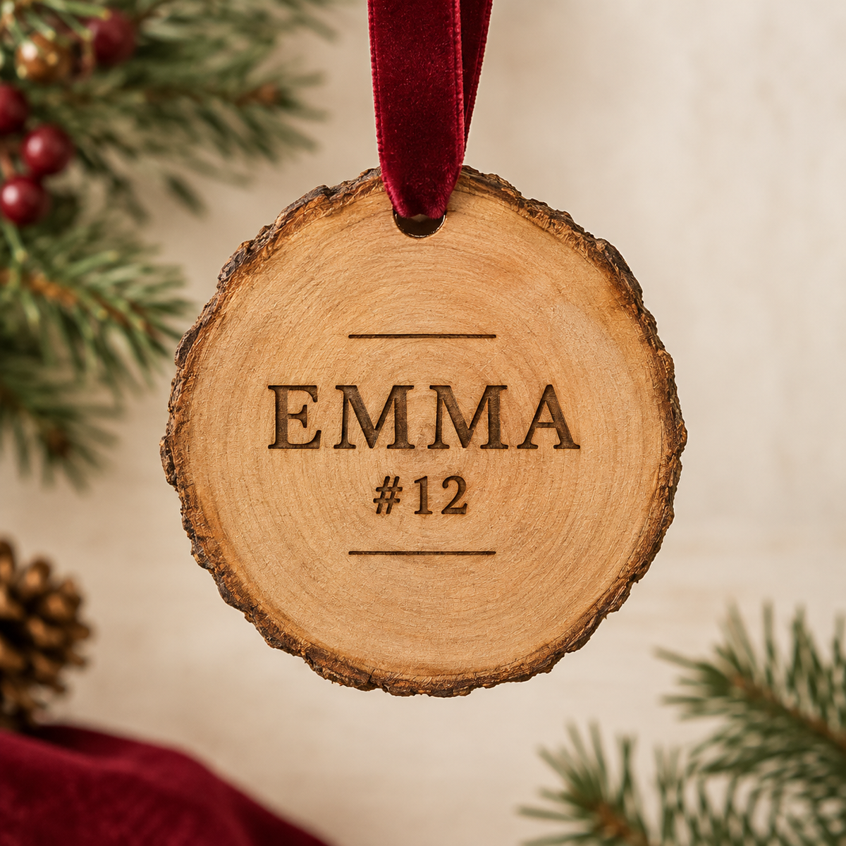 Back of personalized sports Christmas ornament, name EMMA and optional jersey #12 engraved on natural live-edge wood with burgundy ribbon.