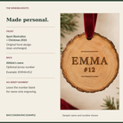 Sports ornament personalization placement guide: Christmas 2026 sport artwork on front unchanged; athlete name and optional jersey number engraved on back, with EMMA 12 sample.