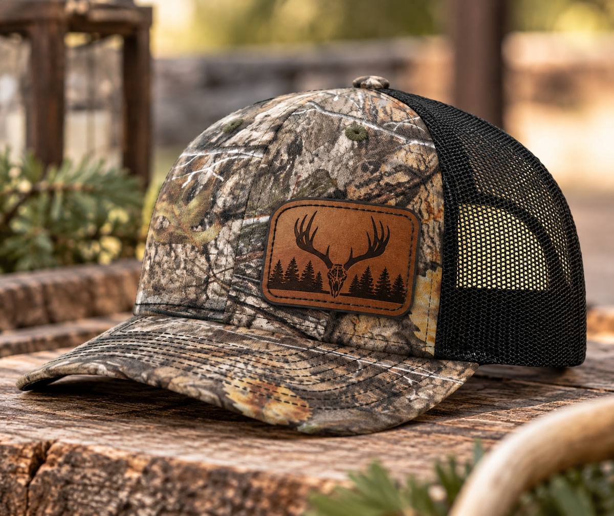 Custom 112P printed camo leather patch trucker hat