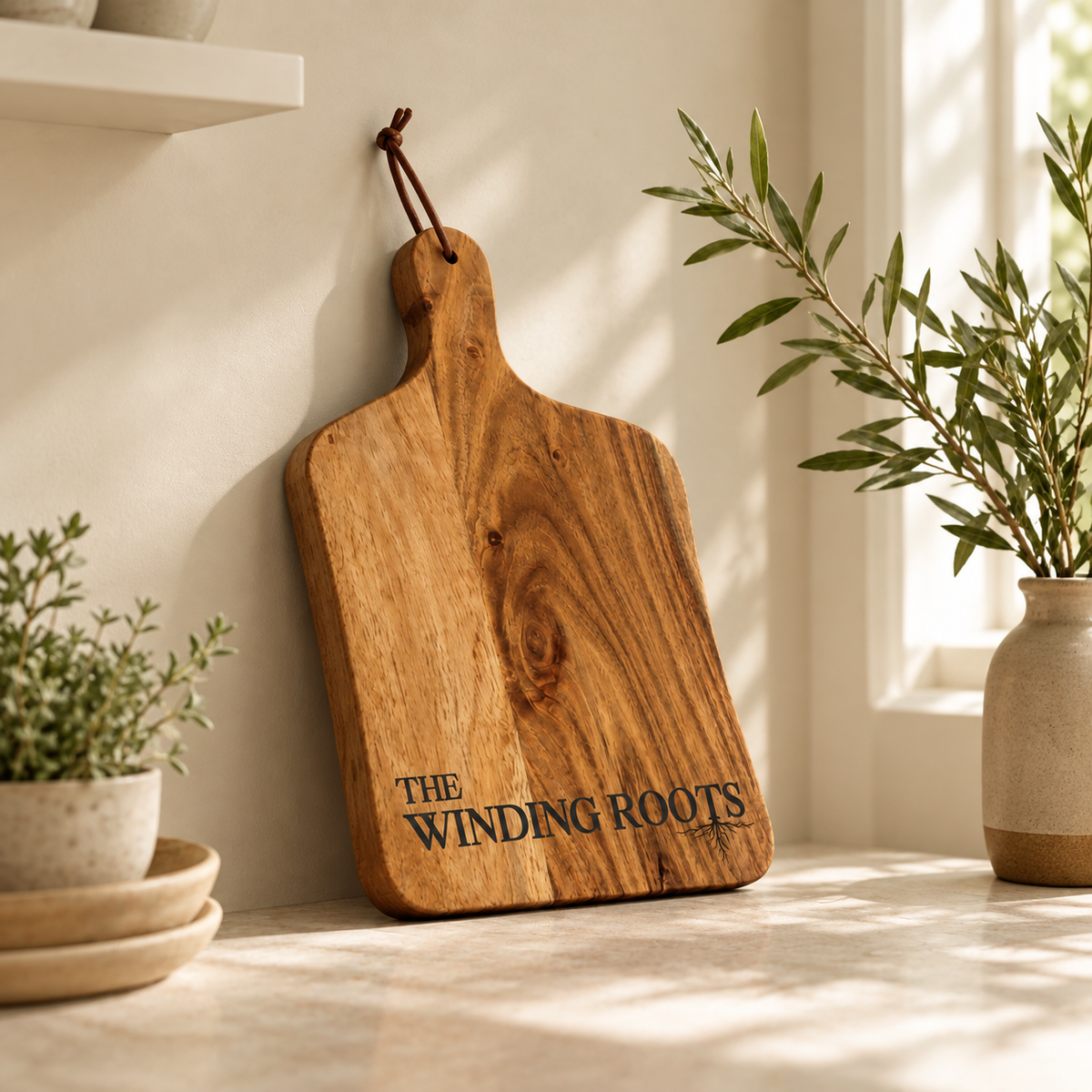 Personalized acacia wood cutting board leaning against a kitchen backsplash
