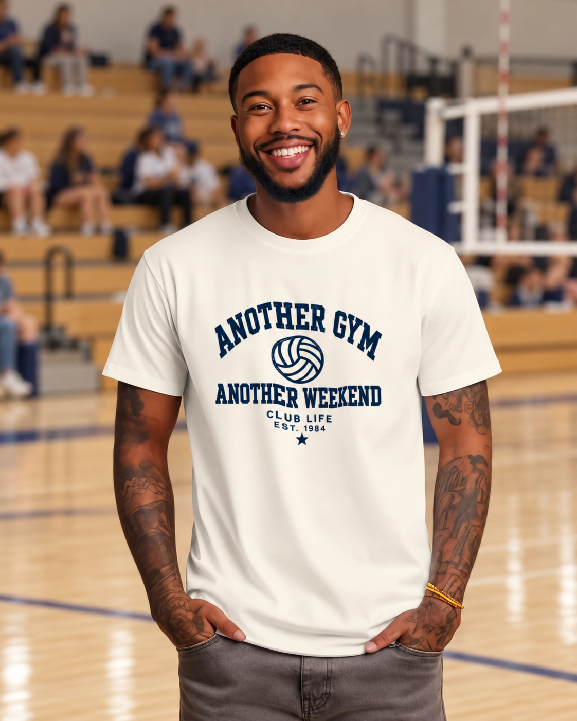 Another Gym • Another Weekend Vintage Volleyball Tee shown in a natural sports setting