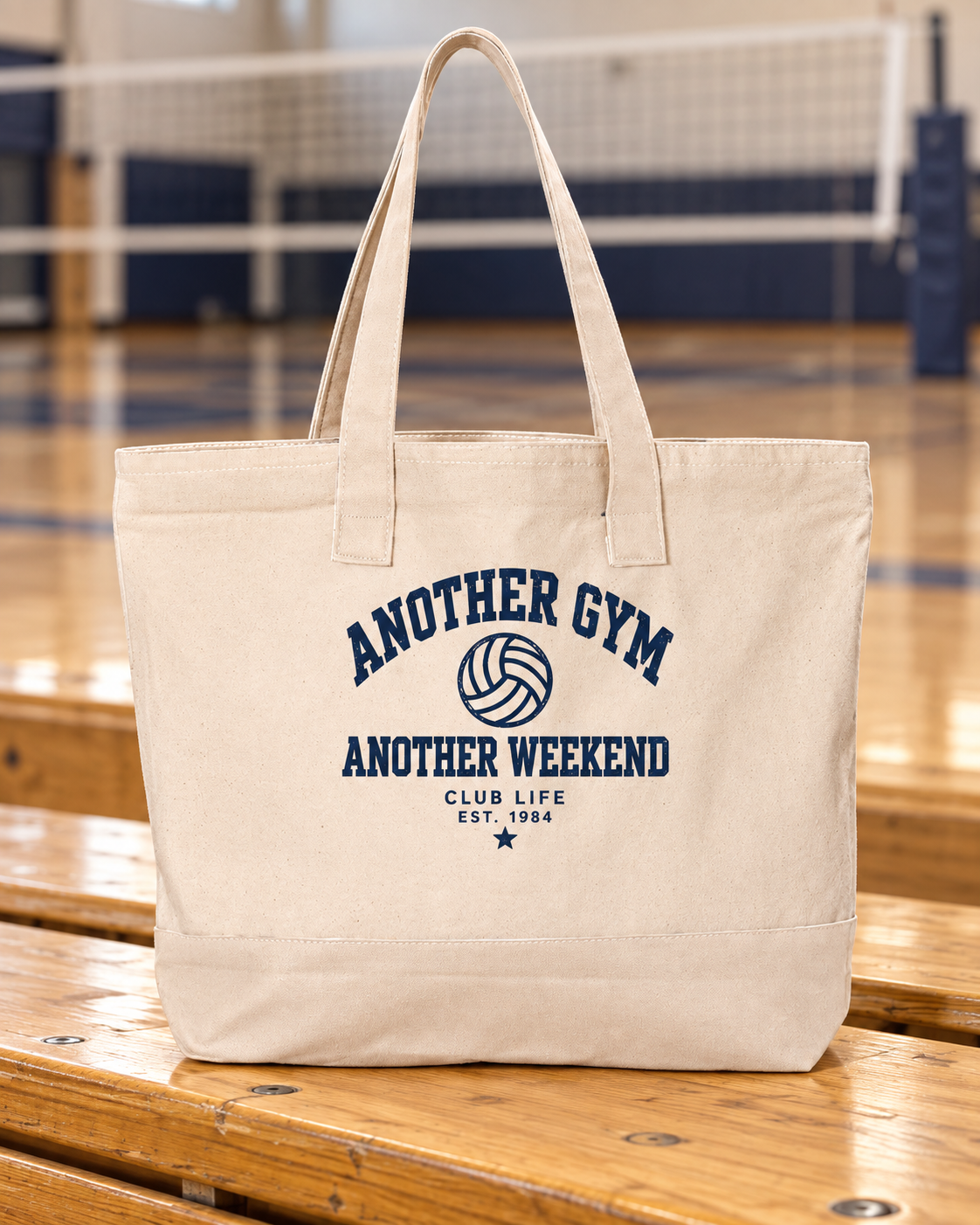 Another Gym • Another Weekend Tournament Tote shown in a natural volleyball setting