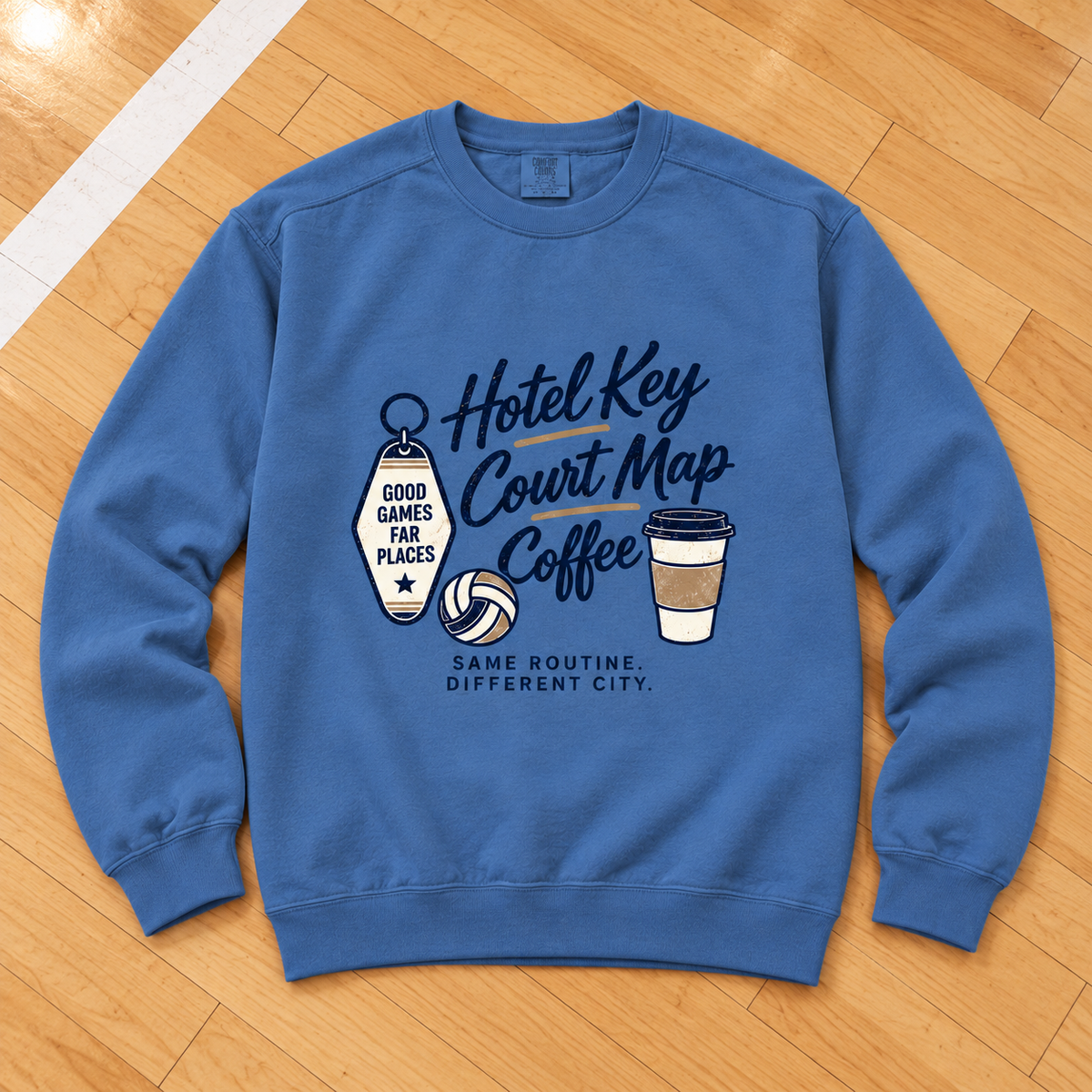 Hotel Key • Court Map • Coffee Vintage Volleyball Crewneck lying flat on a wooden volleyball court, photographed directly overhead
