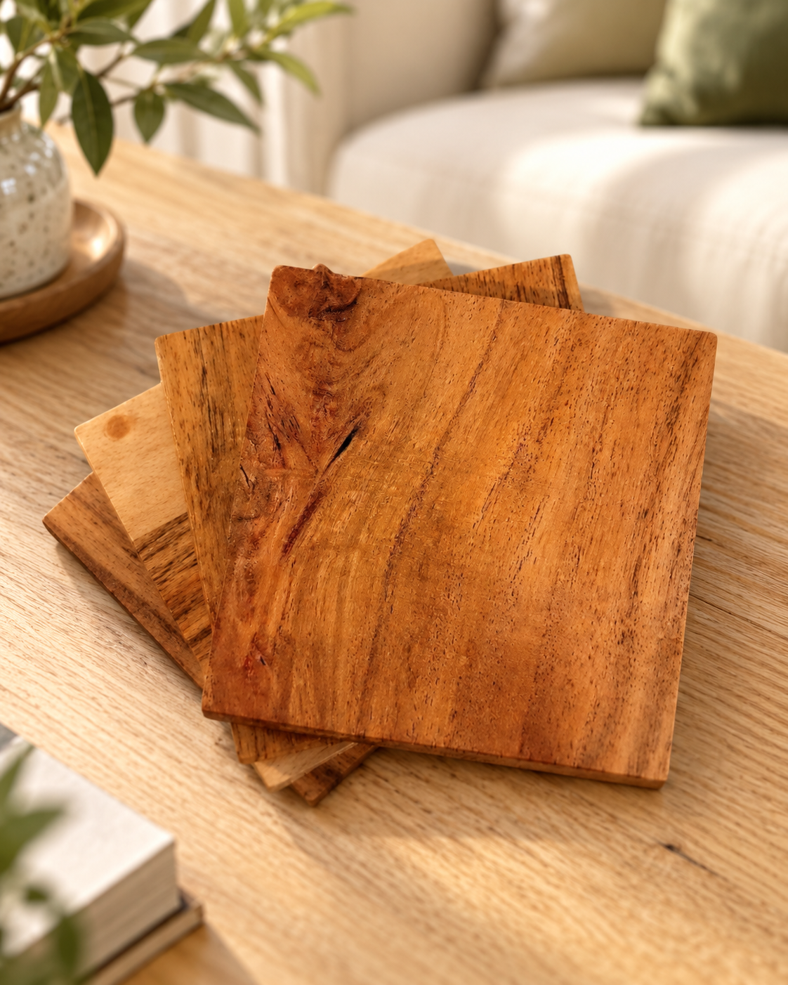 Custom Wooden Coasters in a warm naturally lit setting