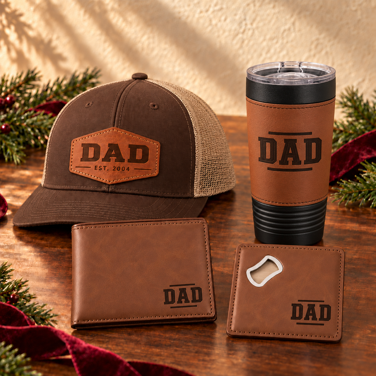 Dad Gift Box with brown and khaki hex patch hat, 22 oz leather-wrapped coffee mug, brown personalized wallet and bottle opener coaster